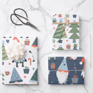Feuille De Papier Cadeau Ensemble de trois nains de Noël arbres bleu vert r