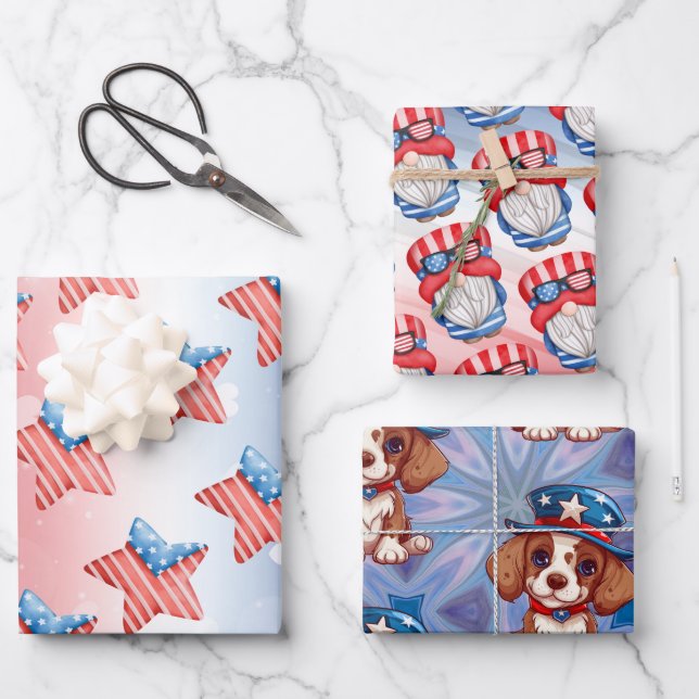 Feuille De Papier Cadeau Ensemble du 4 juillet de 3 (Recto)