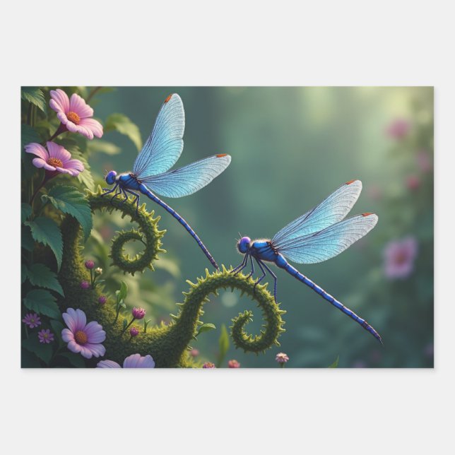 Feuille De Papier Cadeau Ensemble floral de libellule enchantée (Devant)