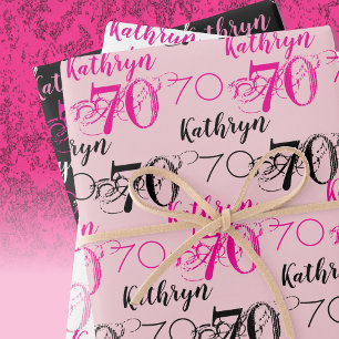 Feuille De Papier Cadeau Ensemble personnalisé rose noir et blanc pour 70e 