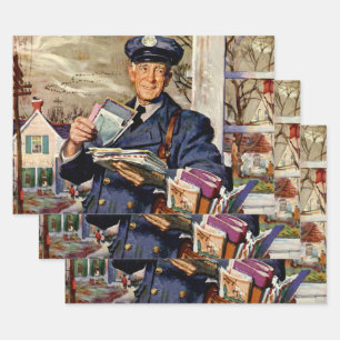 Feuille De Papier Cadeau Entreprise Vintage, Facteur Livrant du Courrier Le