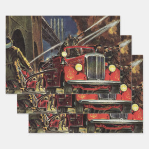 Feuille De Papier Cadeau Entreprise vintage, Pompiers Pompiers Camions d'in