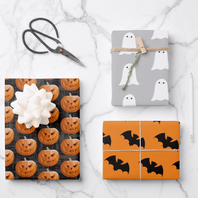 Feuille De Papier Cadeau Enveloppe cadeau Jack-O-Lantern 3 pack (Recto)