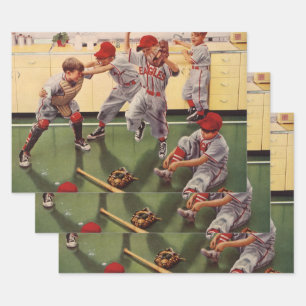 Feuille De Papier Cadeau Équipe de baseball vintage, garçons en train de se