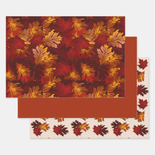 Feuille De Papier Cadeau Érable et chêne Feuillage d'automne Ensemble de co