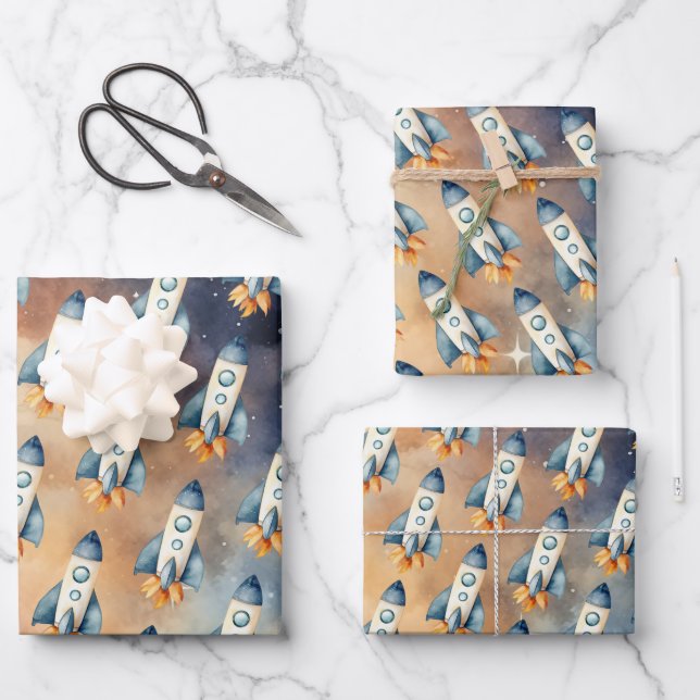 Feuille De Papier Cadeau Espace Premier Voyage Autour De La Rocket Soleil A (Recto)