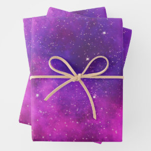 Feuille De Papier Cadeau Espace rose & violet & Étoiles Faux Galaxy