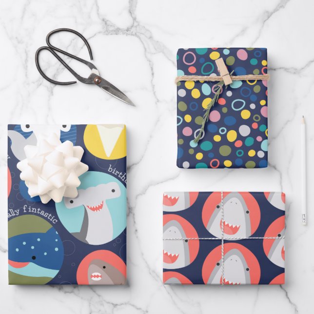 Feuille De Papier Cadeau Espèces de requins mignons Anniversaire (Recto)