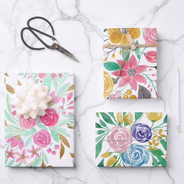 Feuille De Papier Cadeau Eté rose or Turquoise Aquarelle Fleurs Motif (Recto)