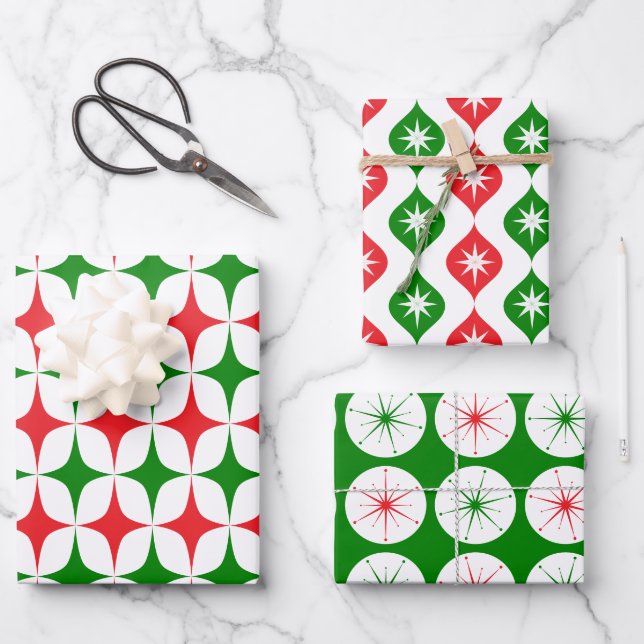 Feuille De Papier Cadeau Étoile éclatée de Noël rétro milieu de siècle (Recto)