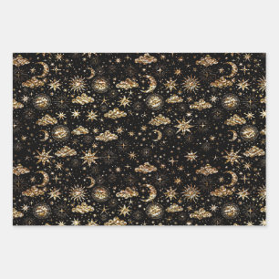 Feuille De Papier Cadeau Étoile Lune Planètes Fantaisistes Or Sur Fond Noir