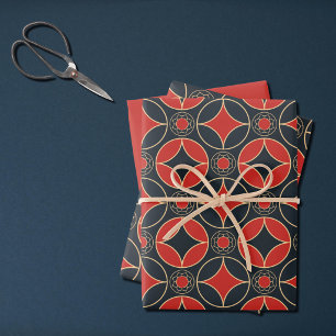 Feuille De Papier Cadeau étoiles art déco en rouge et noir