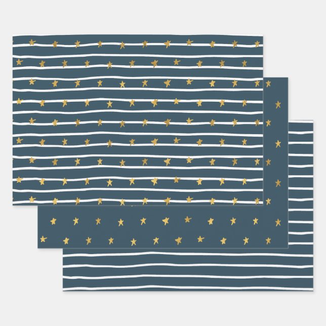 Feuille De Papier Cadeau Etoiles Bleues Bleues Or (Lot)