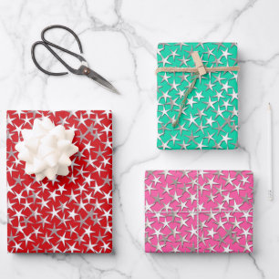 Feuille De Papier Cadeau Étoiles d'argent sur rouge foncé, Aqua et Fuchsia 