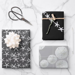 Feuille De Papier Cadeau Étoiles de mer Dollars de sable Noir Gris Neutre