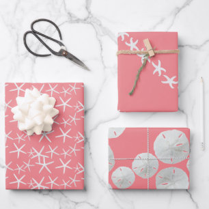 Feuille De Papier Cadeau Etoiles de mer Dollars de sable Rose Fille Coquill