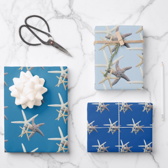 Feuille De Papier Cadeau Étoiles de mer Nuances de bleu (Recto)