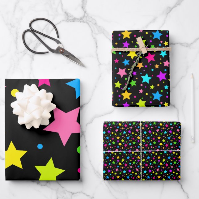 Feuille De Papier Cadeau Étoiles de néon en noir (Recto)