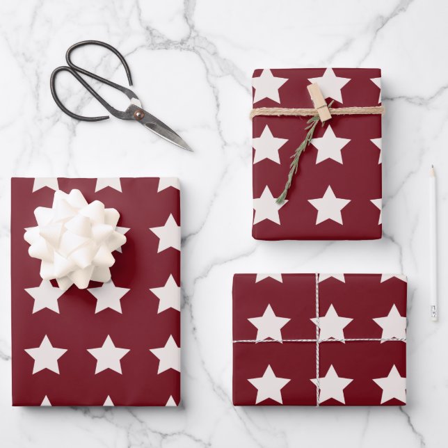 Feuille De Papier Cadeau Étoiles de Noël Motif Rouge Blanc (Recto)