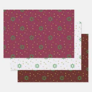 Feuille De Papier Cadeau Étoiles de sapin de Noël sur fond blanc et rouge