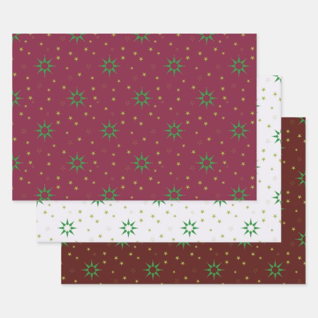 Feuille De Papier Cadeau Étoiles de sapin de Noël sur fond blanc et rouge (Lot)