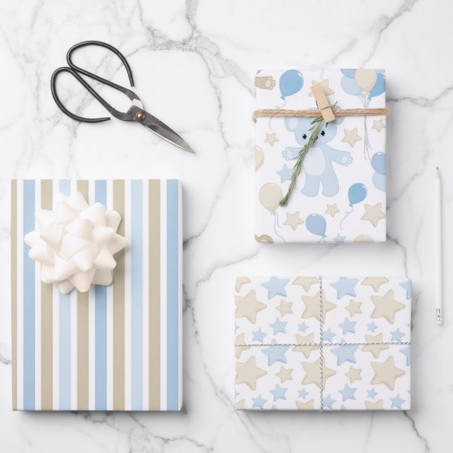 FEUILLE DE PAPIER CADEAU ÉTOILES DE STRIPES NOUNOURS BLEU & TAN (Recto)