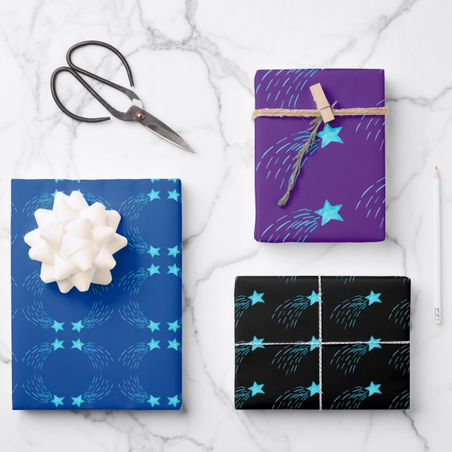 Feuille De Papier Cadeau Étoiles de tir bleues (Recto)