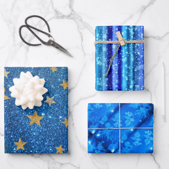 Feuille De Papier Cadeau Étoiles dorées pailletées de bleu pour Noël, Flora (Recto)