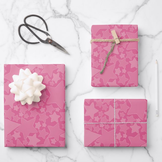 Feuille De Papier Cadeau Étoiles, Étoiles, Étoiles - Rose (Recto)