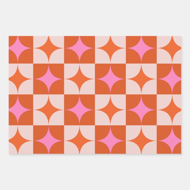 Feuille De Papier Cadeau Étoiles explosées rose orange milieu du siècle à c (Devant)
