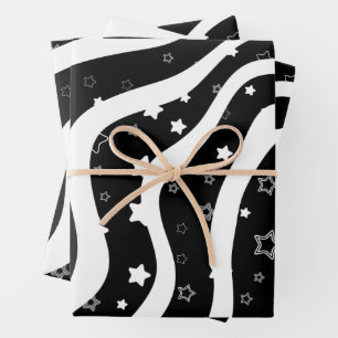 Feuille De Papier Cadeau Étoiles noires et blanches sur lignes élégantes De