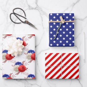 Feuille De Papier Cadeau Étoiles Rayures Fleuris Rouge Blanc Bleu Quatre Ju