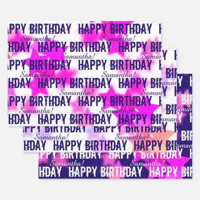 Feuille De Papier Cadeau Étoiles rose/violet amusantes Nom personnalisé Joy (Lot)
