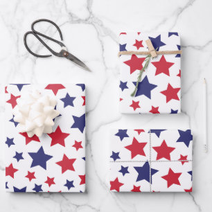 Feuille De Papier Cadeau Étoiles rouges et bleues, 4 juillet, fond blanc
