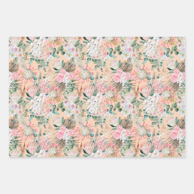 Feuille De Papier Cadeau Eucalyptus Rose Blanc Floral Boho Mariage Annivers (Devant)