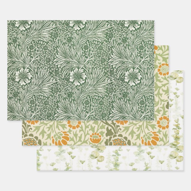 Feuille De Papier Cadeau Eucalyptus Vert Fleurs Orange (Lot)