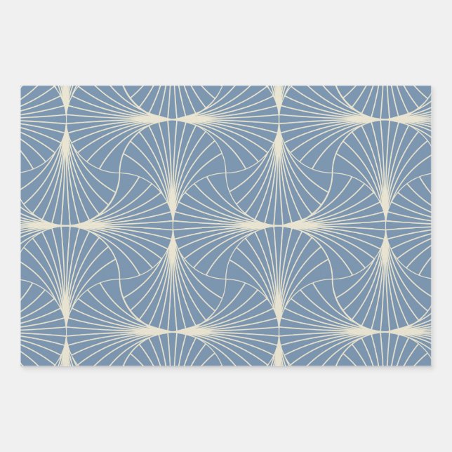 Feuille De Papier Cadeau Éventails géométriques Art Déco en gris-bleu  (Devant)