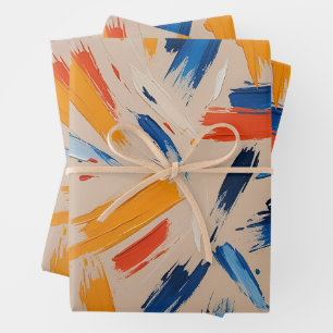 Feuille De Papier Cadeau Expressionniste artistique orange et bleu