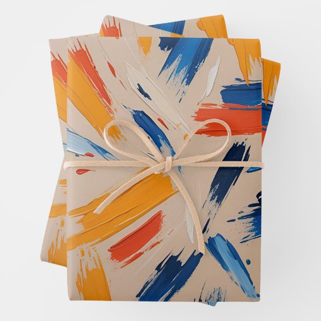 Feuille De Papier Cadeau Expressionniste artistique orange et bleu (En situation)