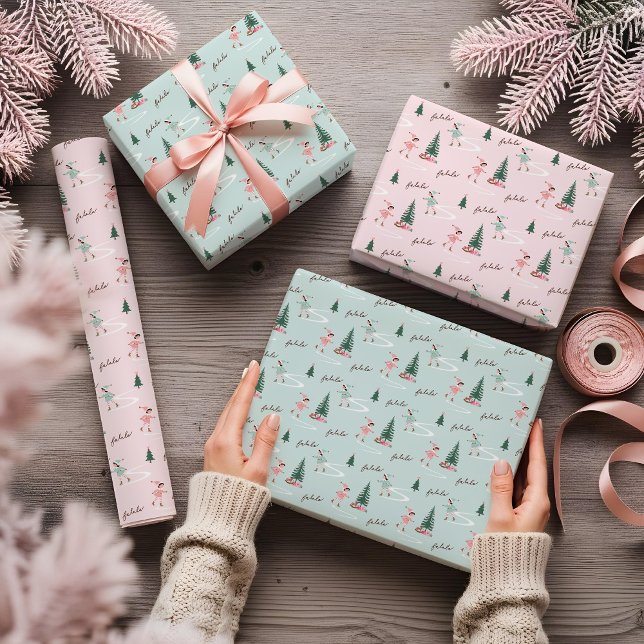 Feuille De Papier Cadeau Fa La La Cute Pink Elf Ice Skating Girly Wrapping  (Fa La La Cute Pink Elf Ice Skating Girly Wrapping Wrapping Paper Sheets)