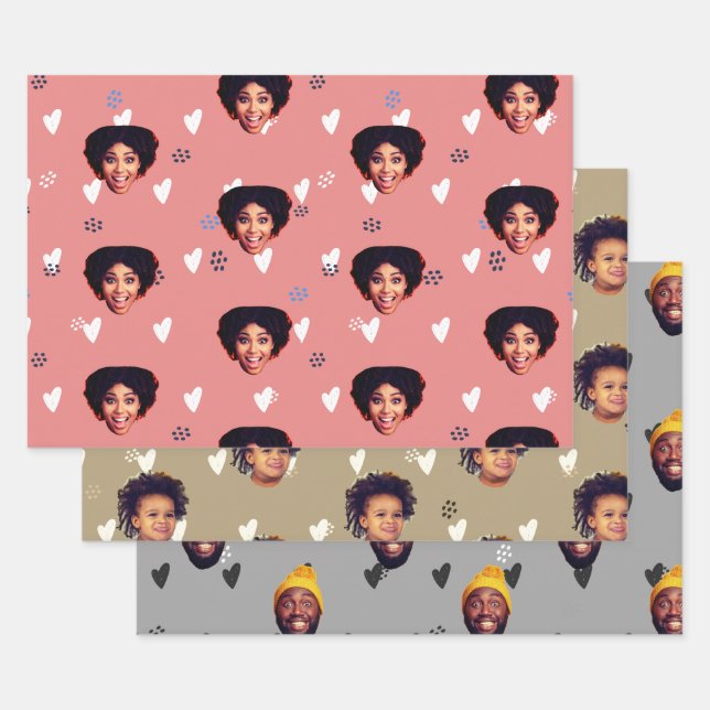 Feuille De Papier Cadeau Faces et Coeurs de famille amusants sur les couleu (Lot)