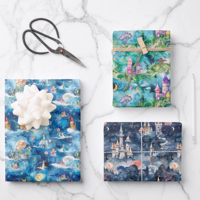 Feuille De Papier Cadeau Fairyland Castles Blue (Recto)