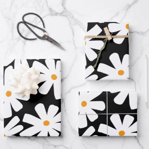 Feuille De Papier Cadeau Faisceaux de printemps rétro motif floral noir