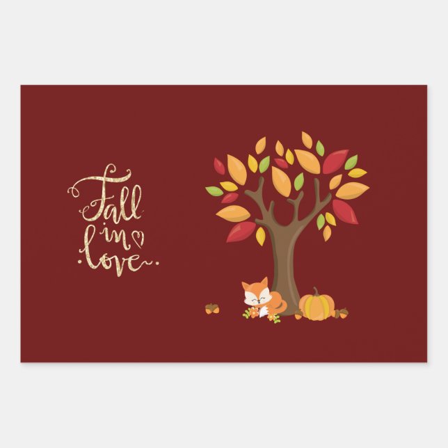 Feuille De Papier Cadeau Fall in Love Automne Design Fox Citrouille Tree (Devant 3)