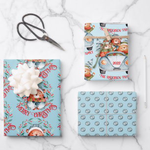 Feuille De Papier Cadeau Famille de l'ours Joyeux Noël bleu rouge