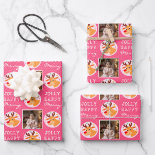 Feuille De Papier Cadeau Famille de rennes roses mignonne photo de Noël