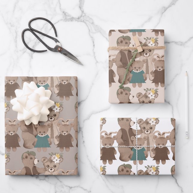 Feuille De Papier Cadeau Famille d'ours en peluche (Recto)