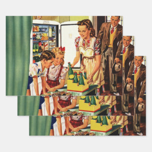 Feuille De Papier Cadeau Famille Vintage, Maman avec Enfants, Snacks dans l