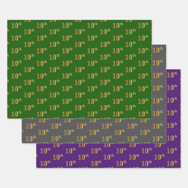 Feuille De Papier Cadeau Fancy Green, Grey, Purple, Faux Gold 10e événement (Lot)