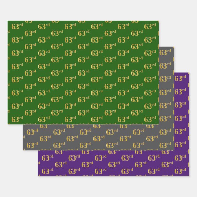 Feuille De Papier Cadeau Fancy Green, Grey, Purple, Faux Gold 63e événement (Lot)